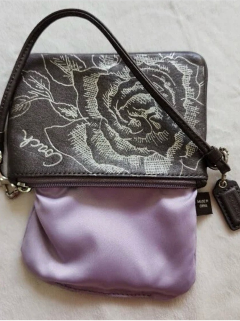 Coach Hematite Grey Floral script Wristlet Pouch RARE - EUC serial #43785